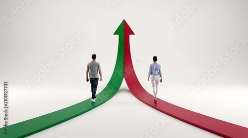 Two people walking together on merging paths towards common goal, cooperation, teamwork, business unity.