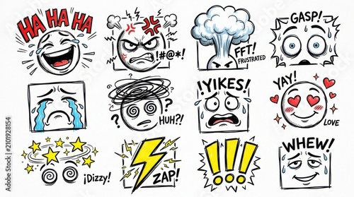 Comic speech bubbles and reaction faces. Cartoon emoticons and expressions.