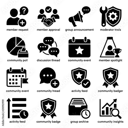 Valokuva Community management and moderator tools icon set with community, moderator