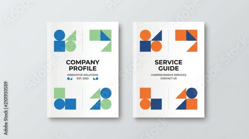 Two white business brochures. Corporate company profile and service guide document mockup.