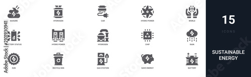Obraz na płótnie Set of 15 solid Sustainable Energy icons for dashboards, app screens and website sections