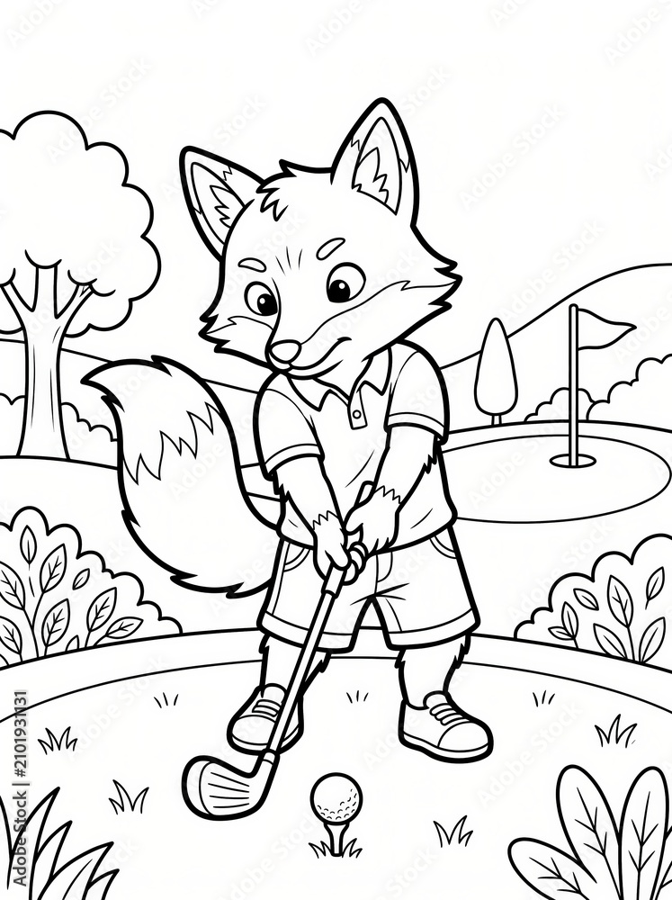 Fototapeta premium Coloring page, focused fox swinging at a golf ball.