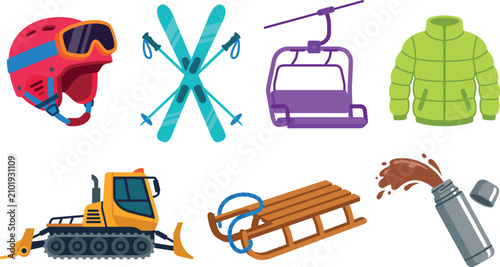 Bild auf Leinwand Winter ski resort equipment element set vector illustration with helmet goggles skis chairlift jacket snow groomer sledge