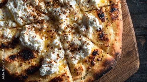 A macro flat lay of blistered pizza crust and creamy cottage cheese topping showing detailed texture under warm side lighting