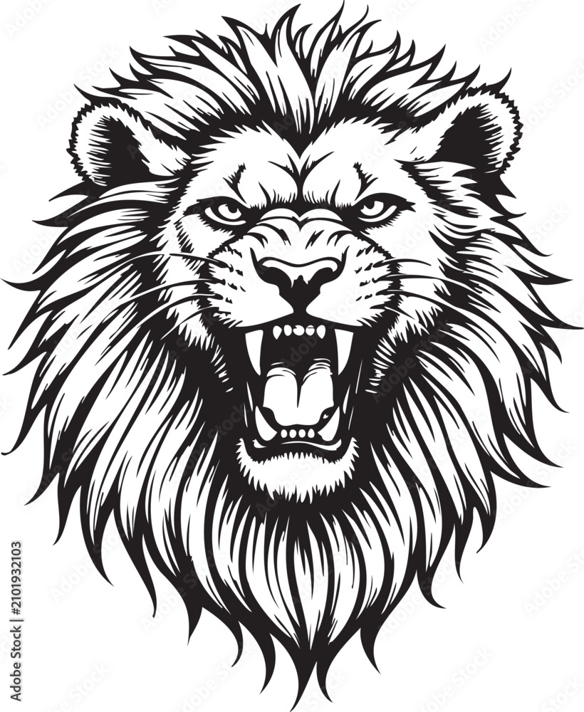 Fototapeta premium Roaring Lion Head Black and White Vector Illustration, Fierce Wild Animal Mascot Design