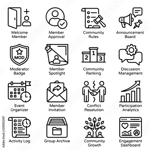 Fotografie Social media community and group engagement line icons with community, moderator