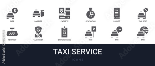 Set of 12 solid Taxi Service icons for dashboards, app screens and website sections. Filled glyph collection including baggage, stopwatch, taxi stop, taxi driver and driver license.