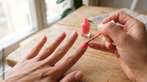 Woman applying pink nail polish to fingernails at home