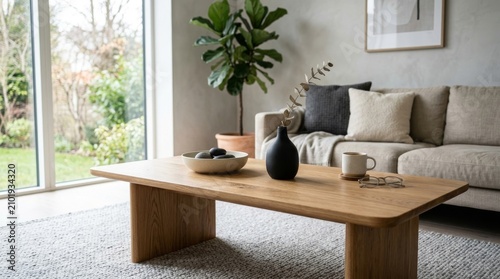Modern living room with wooden coffee table and minimalist decor. Stylish interior featuring neutral tones, cozy sofa, and indoor plants for home s...
