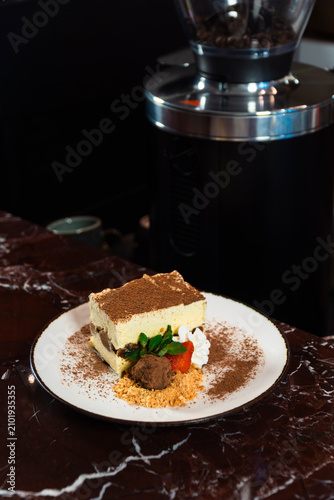 Fotografie Tiramisu Delight: A decadent slice of tiramisu, dusted with cocoa powder and adorned with a fresh berry and dollop of cream, rests on a white plate, poised for enjoyment