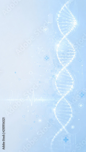 Blue technological background featuring a glowing DNA double helix structure with molecular and medical symbols