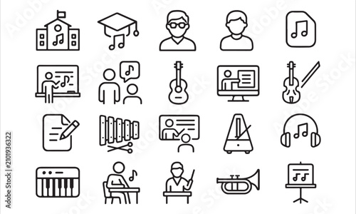 Isolated music education icons set, 20 editable line art icons set, music school, learning, student, teacher, instrument, lesson, training, classroom, music learning theme style, clean outline vector