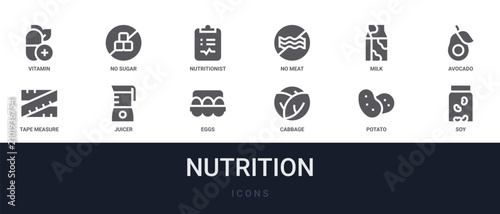 Photos Set of 12 solid Nutrition icons for dashboards, app screens and website sections