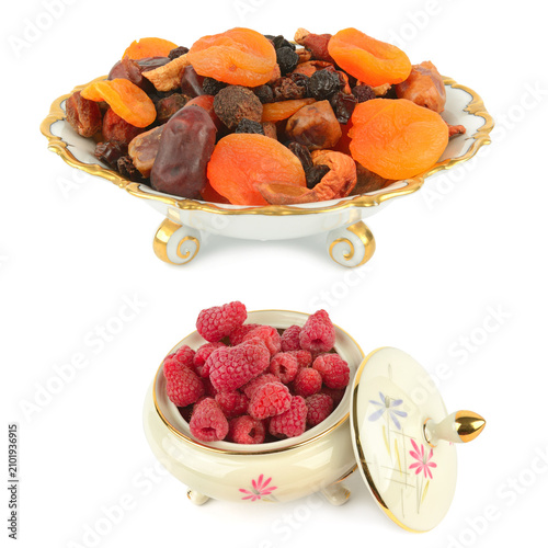 Canvastavla Assorted Dried Fruits and Fresh Raspberries in Ceramic Bowls Healthy Mix of Drie
