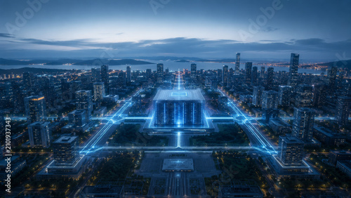 Futuristic city night view featuring a central intelligent building complex with glowing blue networks and geometric urban layout