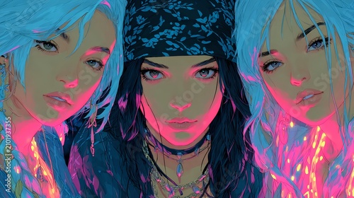 Three Women with Neon Hair in Bold Cyberpunk Street Style