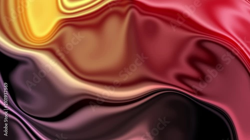 Glossy flowing silk-like surface with warm red, gold, and deep maroon folds moving diagonally