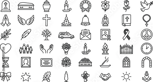Fotografie Funeral service memory elements linear outline icons set for mourning burial cem