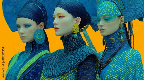 Three Women in Sculptural Blue Avant-Garde Couture