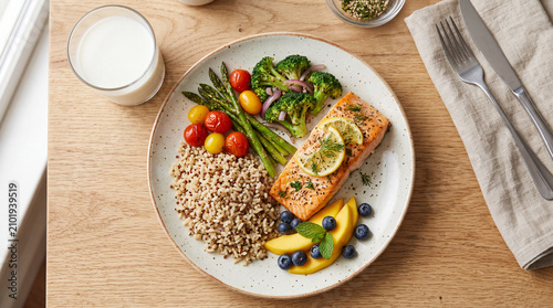 Nutrient-rich plate with grilled salmon, quinoa, fresh vegetables, and fruits on a wooden table