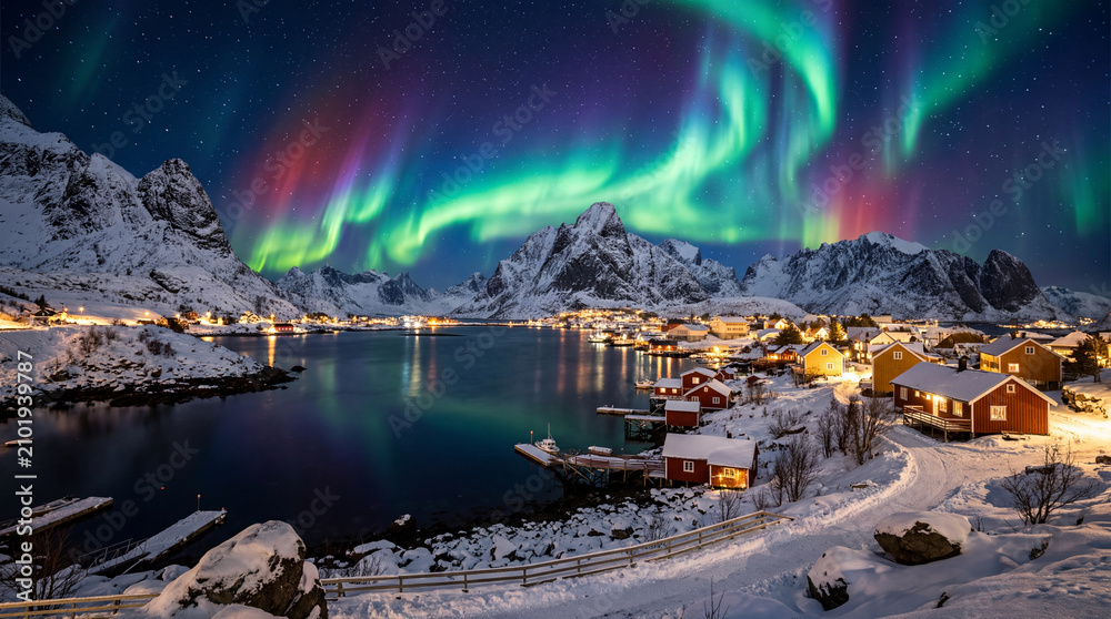Fototapeta premium Captivating night scene showcasing the Northern Lights above snow-covered mountains and a quaint village lit under the starry sky