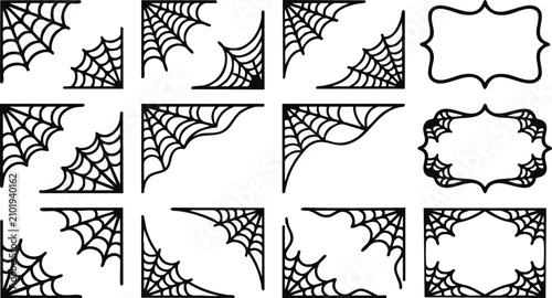 Set of black spider web corner frames and decorative borders, isolated on a white background, halloween