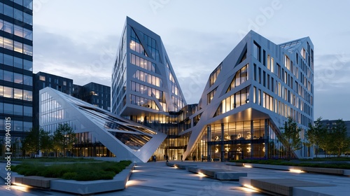 Modern architectural complex at dusk with illuminated and geometric facade in urban setting