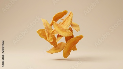 Healthy organic dried mango flakes floating in a clean studio shot with soft lighting on a neutral beige backdrop.