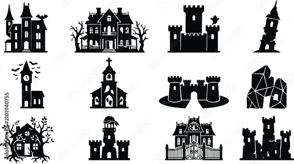Fototapeta premium Set of twelve black silhouette featuring haunted houses, castles, and spooky buildings, isolated on a white background, for halloween