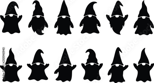 Set of twelve black silhouettes of garden gnomes with pointed hats and long beards isolated on a white background, for holiday decoration