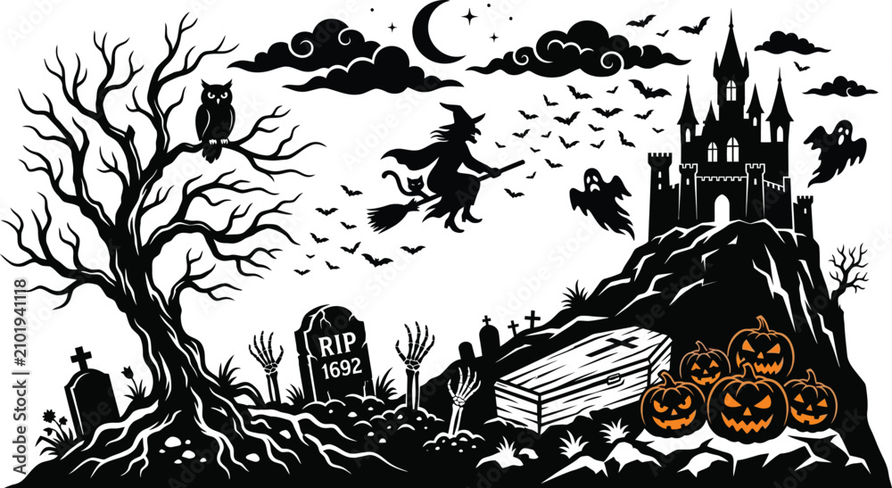 Fototapeta premium Spooky halloween day scene witch ghosts and jack o' lanterns for festive celebrations