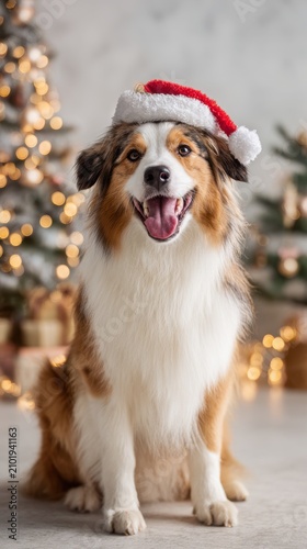 Happy Australian Shepherd wearing a red Santa hat sits in front of a glowing Christmas tree with warm bokeh lights. This cheerful dog smiles amidst festive holiday decorations and soft indoor