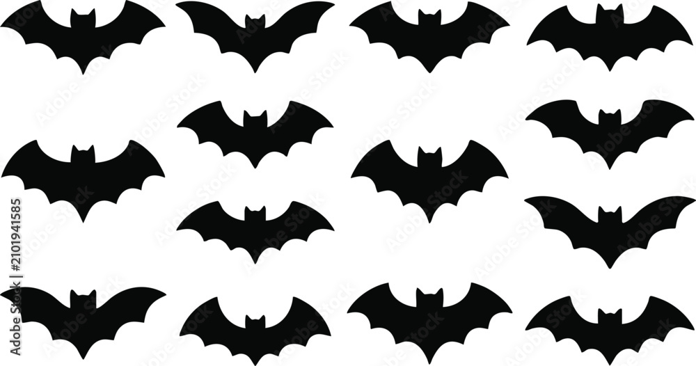 Fototapeta premium Twelve black bat silhouettes in various flying postures arranged in a grid isolated on a white background, for halloween