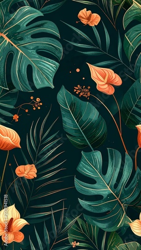 art deco tropical foliage and flowers pattern or vintage art deco floral seamless pattern