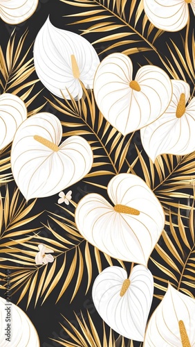 Art Deco Golden Tropical Floral Pattern or Elegant White Anthurium and Gold Palm Leaves Art Deco Design