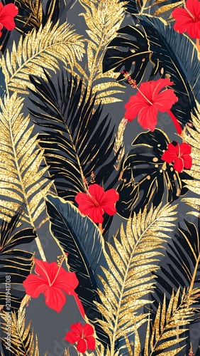 Exotic golden tropical foliage pattern with red hibiscus flowers or Art deco style botanical print with rich gold palm leaves and hibiscus blooms