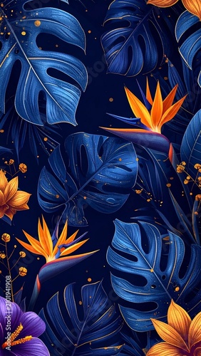 art deco tropical floral pattern with monstera and bird of paradise flowers or art deco exotic botanical pattern with vibrant foliage and blooms
