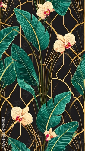 Art Deco tropical botanical pattern with orchids and philodendron leaves or Art Deco floral wallpaper with orchid blooms and lush green foliage