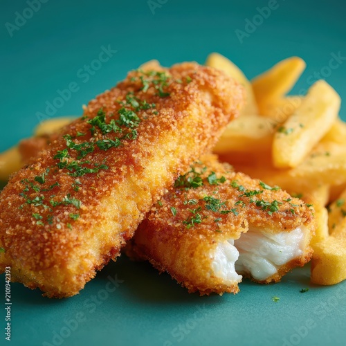 Golden crispy breaded fish fillets with thick french fries on a vibrant teal background, garnished with fresh herbs, one fillet broken showing flaky white fish, bright studio lighting setup.