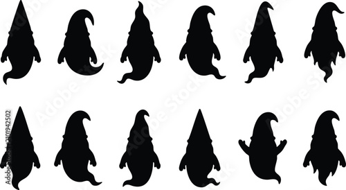 Fotografía Twelve black silhouettes of spooky ghosts wearing pointed hats isolated on a whi