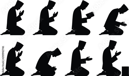 Foto Muslim prayer poses silhouette collection islamic worship and devotion