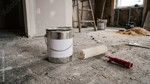 Paint can and roller on unfinished floor in a renovation setting, showcasing construction tools and materials