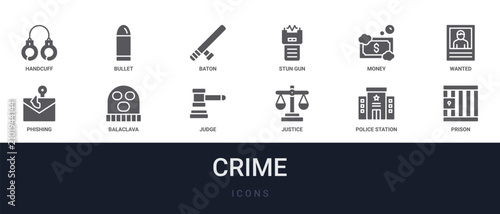 Quadro su tela Set of 12 solid Crime icons for dashboards, app screens and website sections