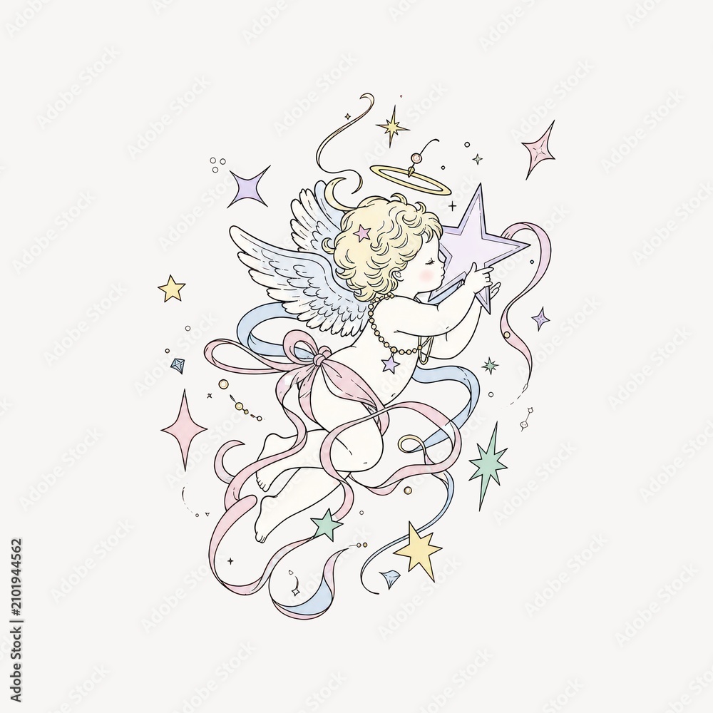 Fototapeta premium A whimsical, celestial illustration of a cherub angel with wings, floating amidst twinkling stars and flowing pastel ribbons. Perfect for dreamy, nursery, or heavenly themed designs.