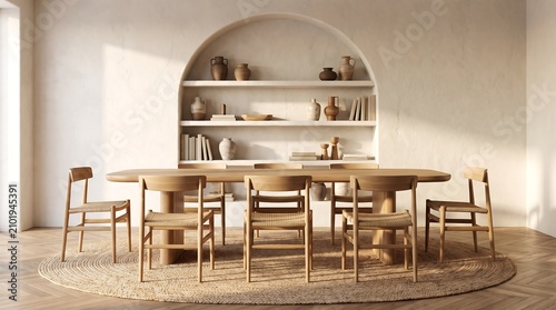 Minimalist Wooden Dining Table and Chairs in Japandi Style Interior with Arched Shelf for Modern Home Decor Backgrounds