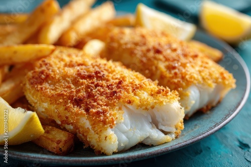 Crispy golden breaded fish fillets served with thick cut french fries and fresh lemon wedges on a blue ceramic plate against a turquoise background, bright natural light for appetizing feel.