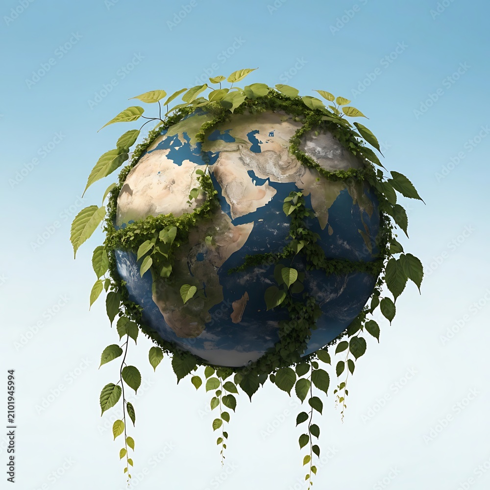 Fototapeta premium Globe overgrown with green vines and leaves against blue sky background