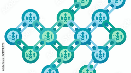 Interconnected circular nodes with upward trending arrows and link structures