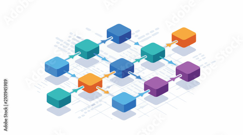 Interconnected colored cubes with arrows showing flow and connections