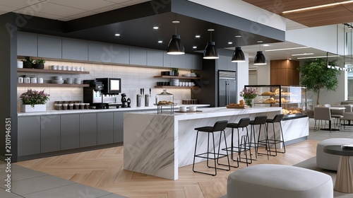 Modern office break room with coffee bar and seating area during daytime lighting